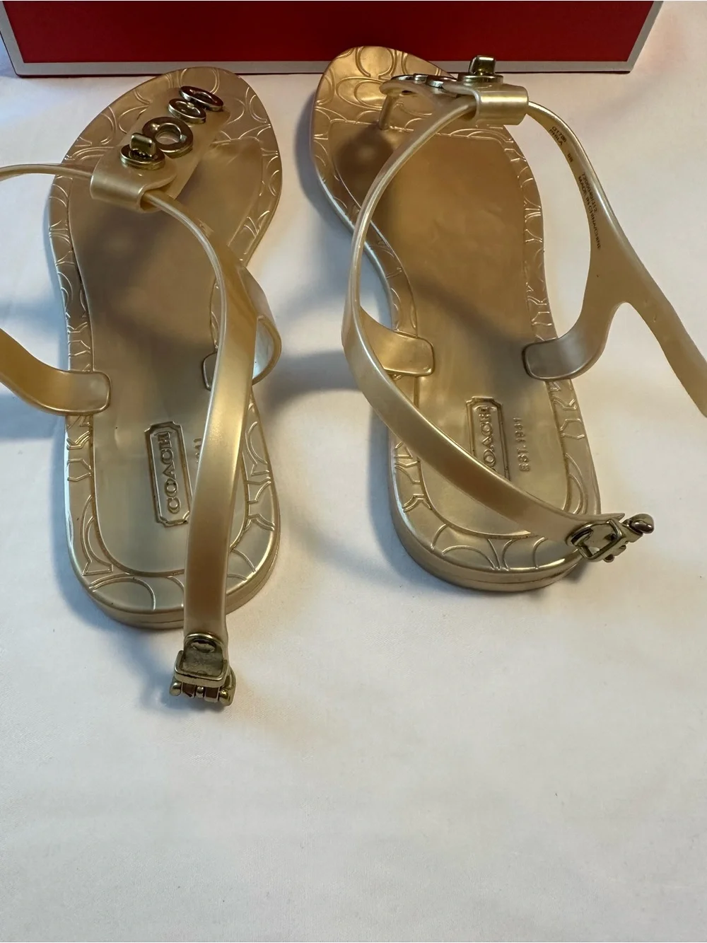 Coach Metallic Gold T-Strap Jelly Sandals with Logo Detail Size-9B
